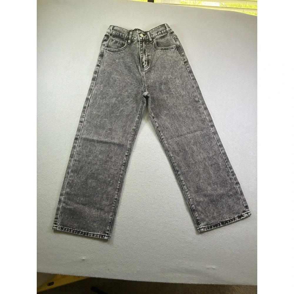 Girls Bow Print Back Zipper Fly Elastic High Waist Denim Pants Wide Leg Jean 13y